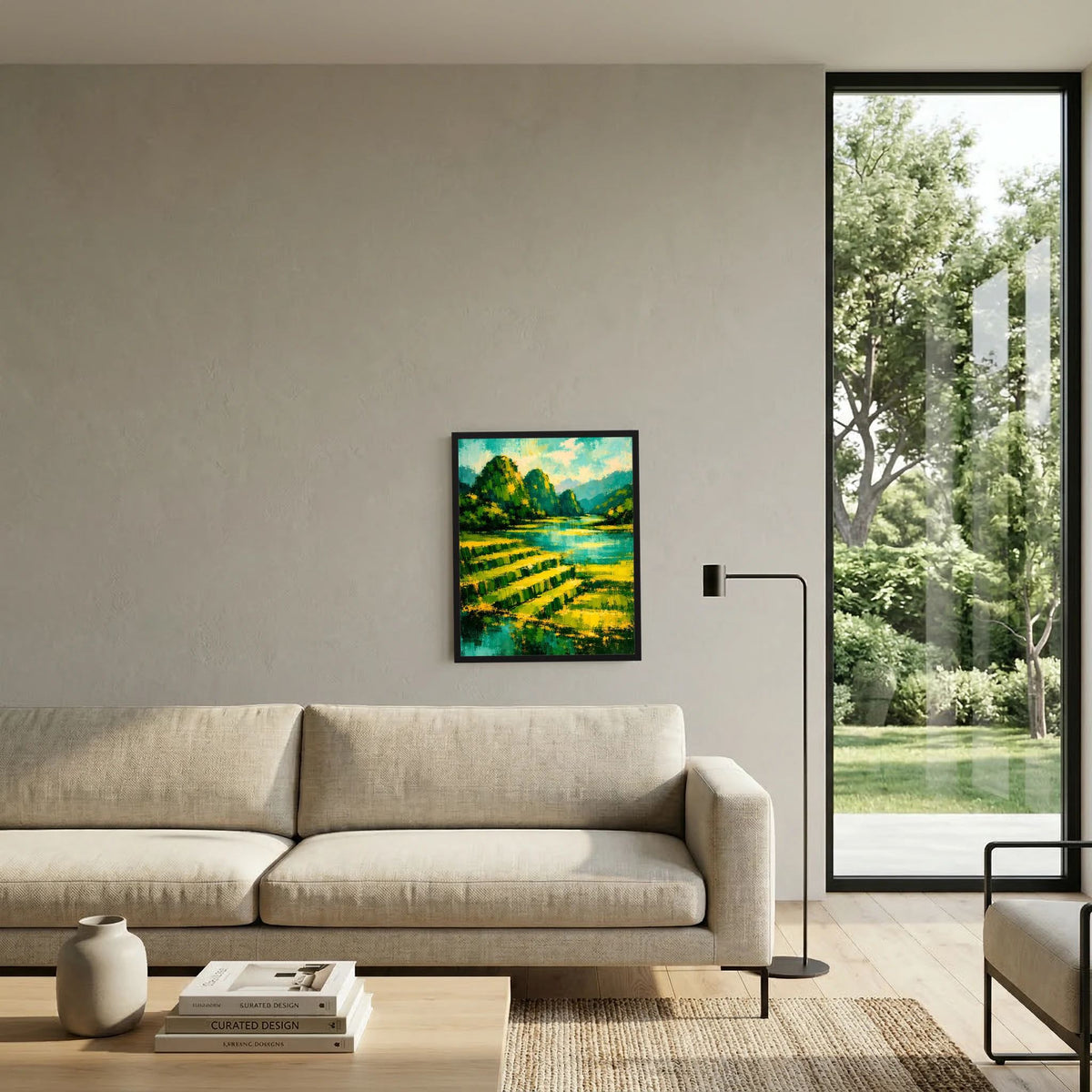Gerahmtes Hochformat-Poster: abstrakte Berglandschaft mit grün-gelben Feldern und Fluss