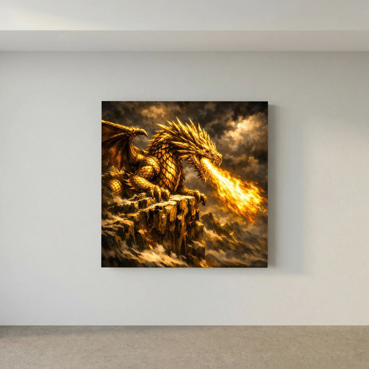Leinwand-Fantasy-Wandbild mit goldenem Drachen auf Fels, Flügel ausgebreitet, feuerspeiend