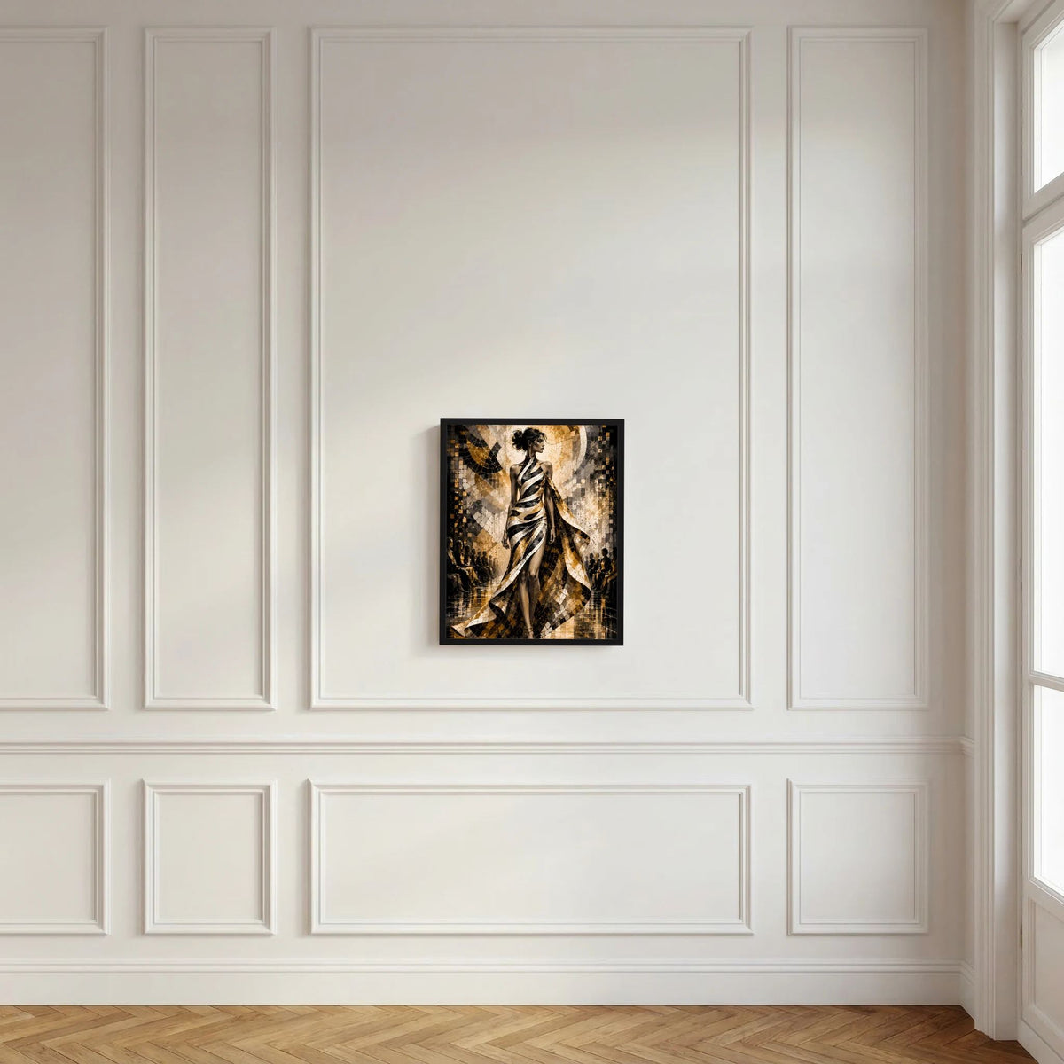 Poster im Hochformat mit Porträt einer eleganten Frau in Schwarz-Weiß und Gold, schwarzer Rahmen