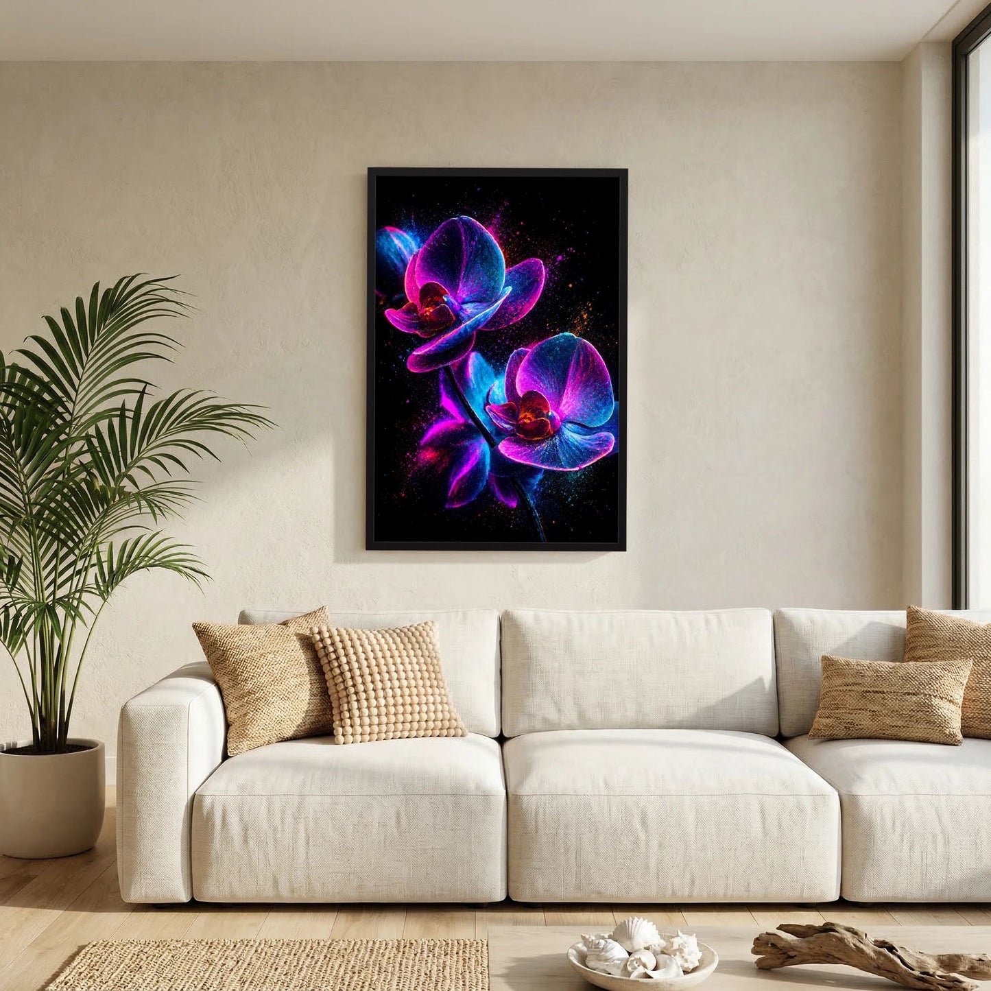 Leuchtendes Orchideenposter mit schwarzem Hintergrund und pink-blauem Lichtmotiv, im schwarzen Rahmen