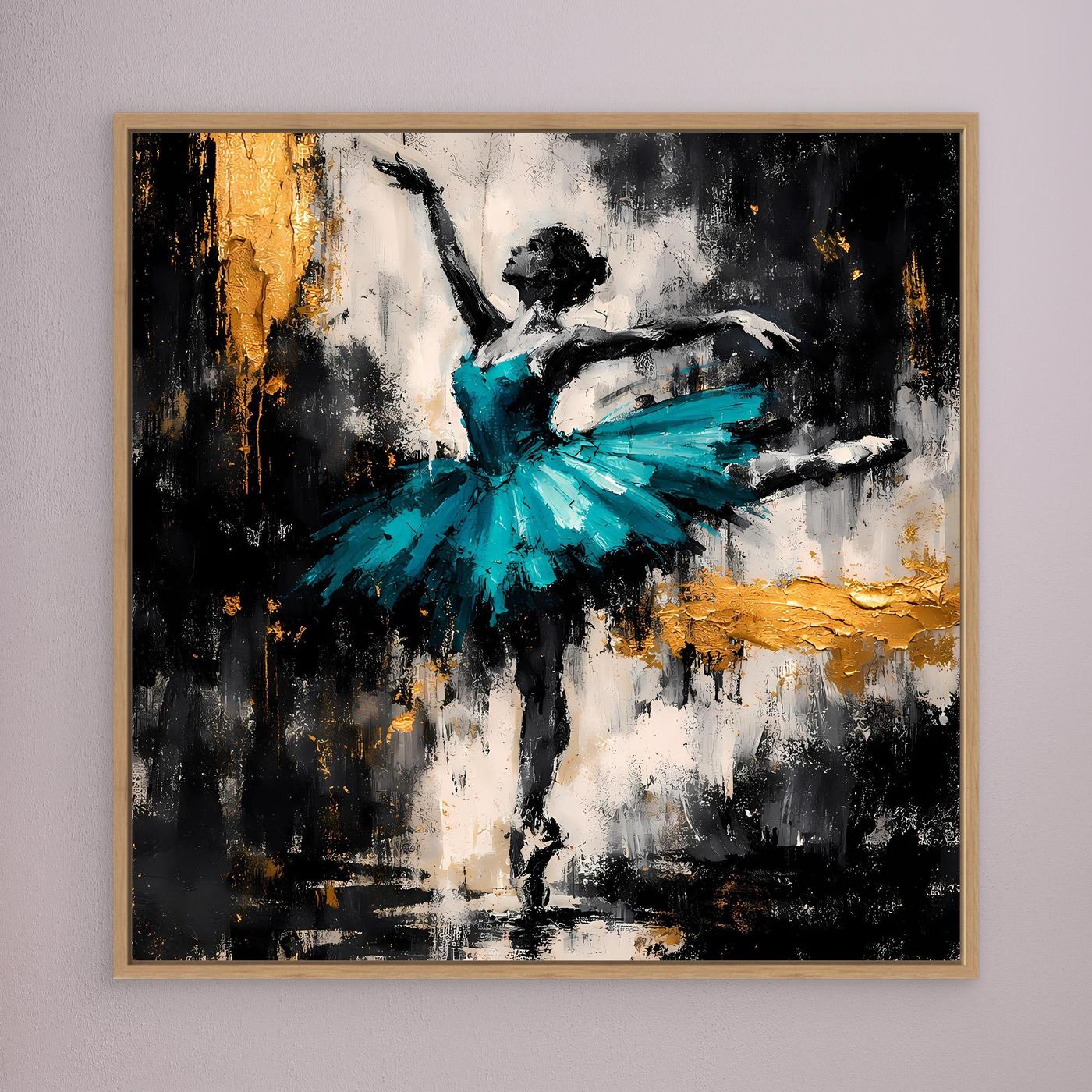 Leinwand Abstrakte Ballerina in Türkis und Gold | Modernes Ballett Wandbild mit Tanz-Motiv