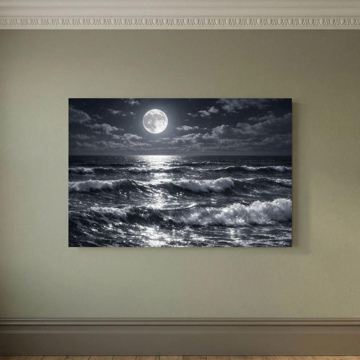 Meerwellen-Wandposter mit Vollmond über dem Meer, schwarz-weiß, Querformat