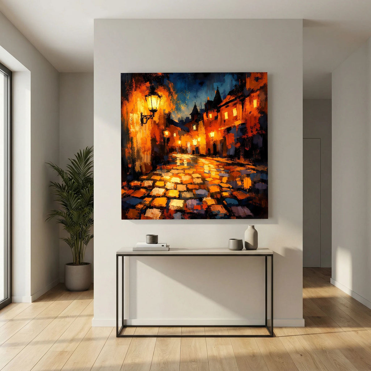 Leinwand Abstraktes Altstadt Gemälde | Modernes Romantisches Gassen Wandbild bei Nacht