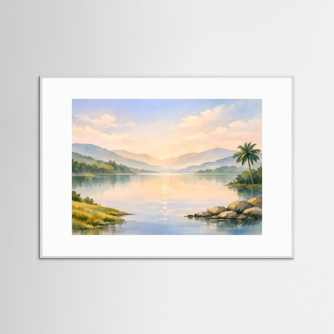 Natur-Poster im Querformat mit Aquarellsee und Palmen, weißer Rahmen