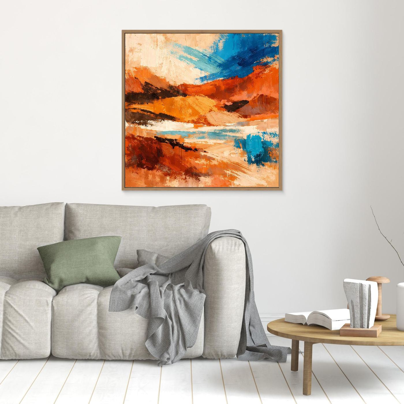 Gerahmtes abstraktes Leinwand-Wandbild mit orange-blauen Farbflächen im Canyon-Look