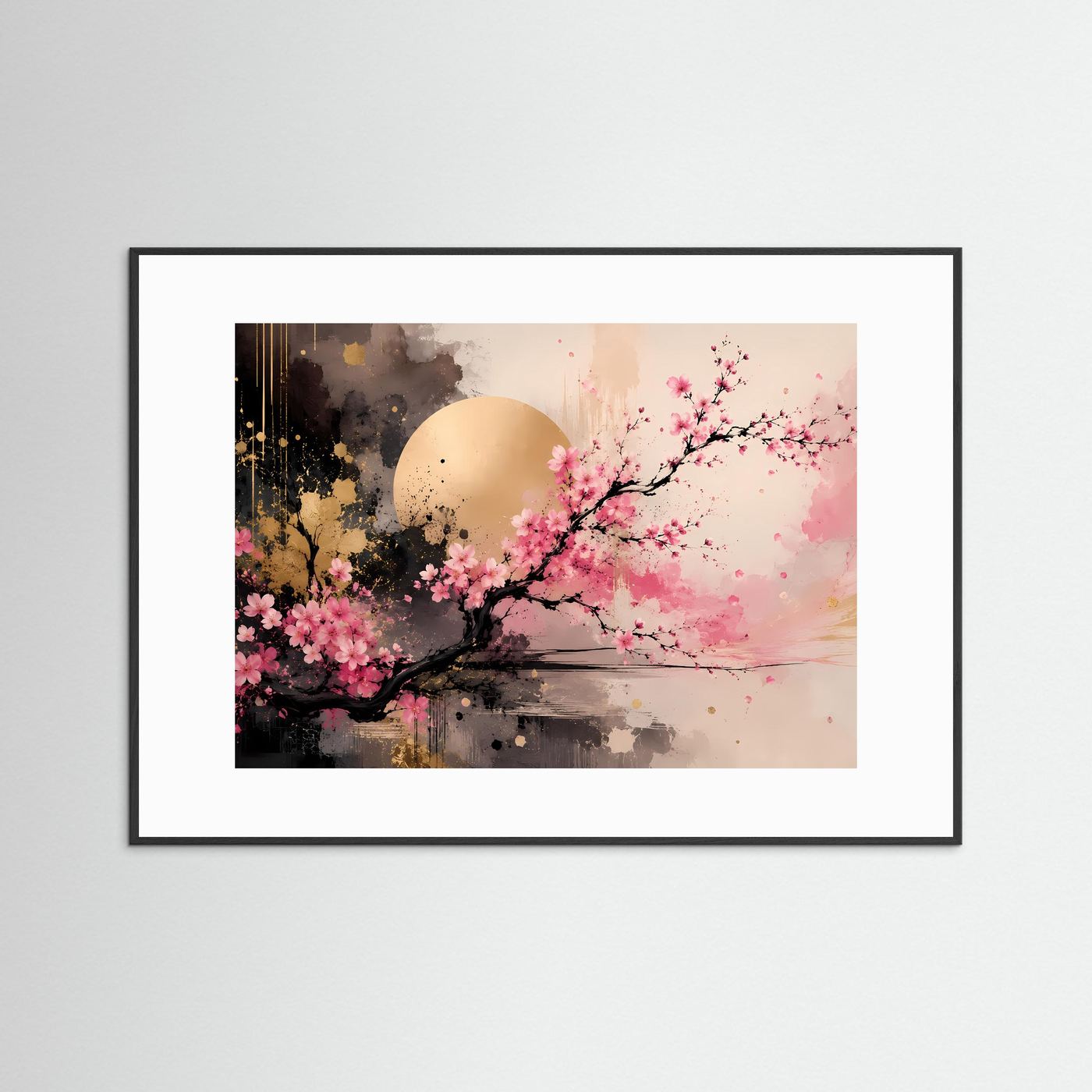 Kirschblüten Poster | Japanische Sakura Wandkunst | Moderne Abstrakte Zen Kunst mit Gold | Elegantes Wandbild