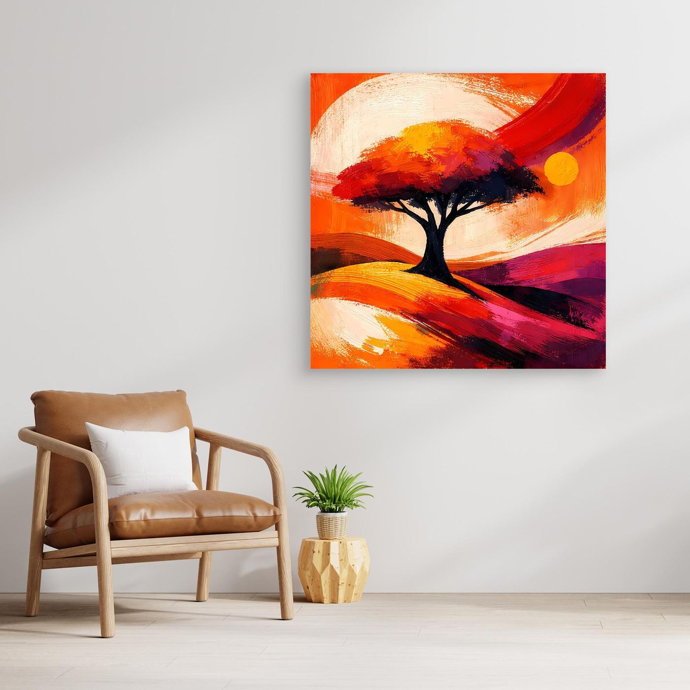 Leinwandbild: abstrakter Lebensbaum mit warmen Orange-Rot-Tönen und hellem Kreis