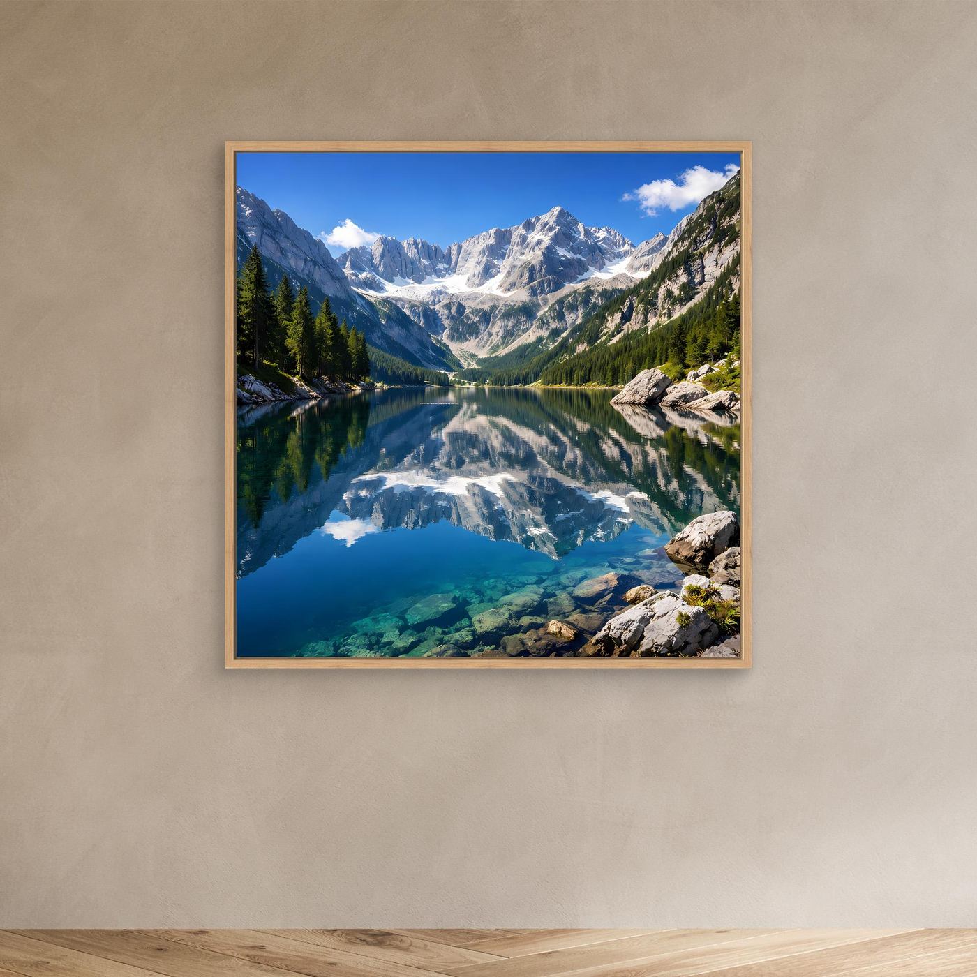 Leinwandbild mit Bergsee und Alpenpanorama im Querformat, Rahmen in Eiche