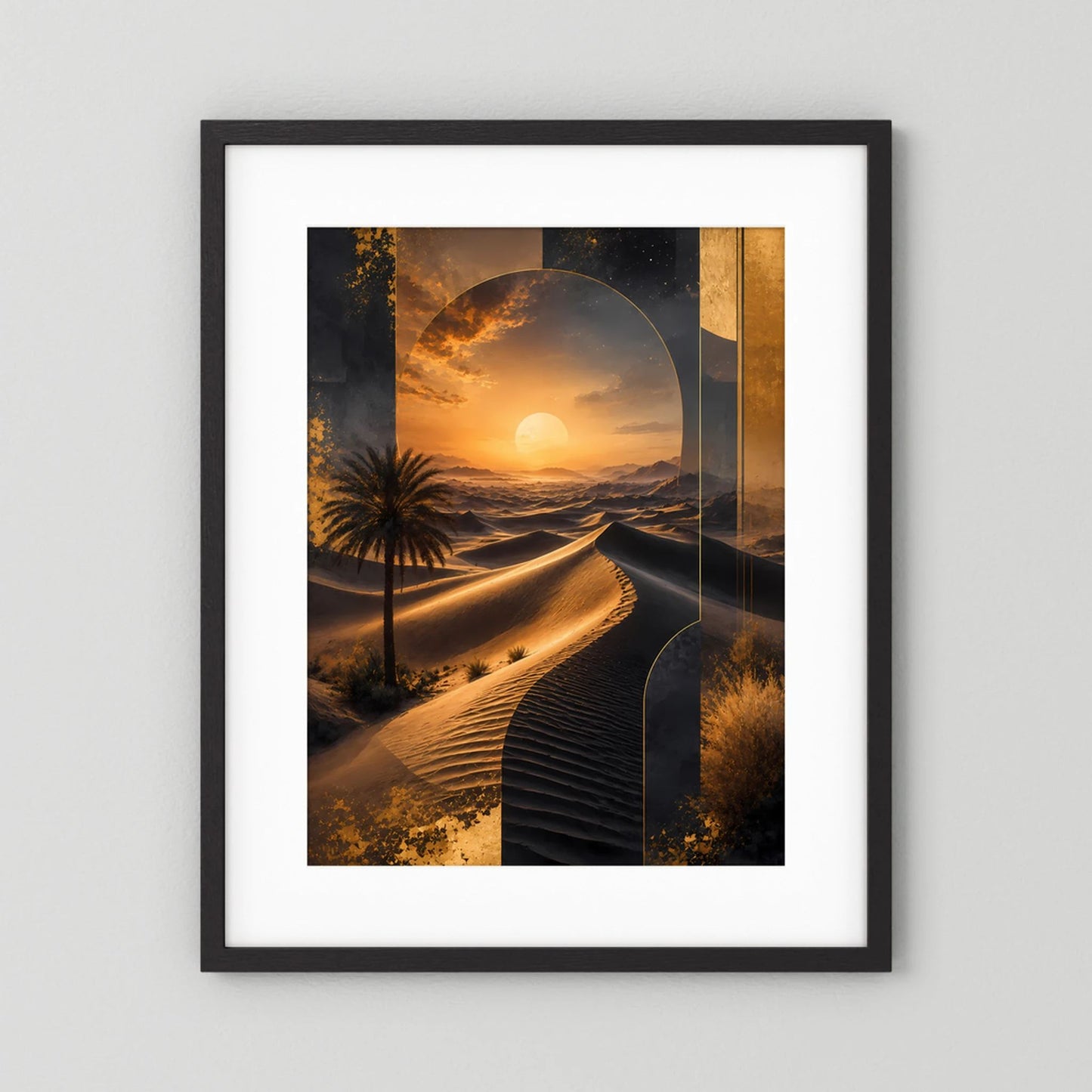 Poster im schwarzen Rahmen mit weißer Umrandung, goldene Dünen und Sonne im Hochformat