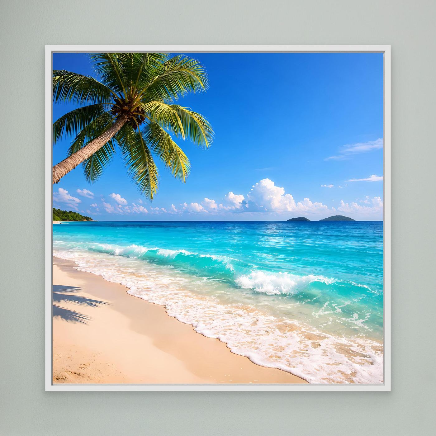 Gerahmtes Leinwandbild mit Tropenstrand und Palme am Meer, weißer Rahmen