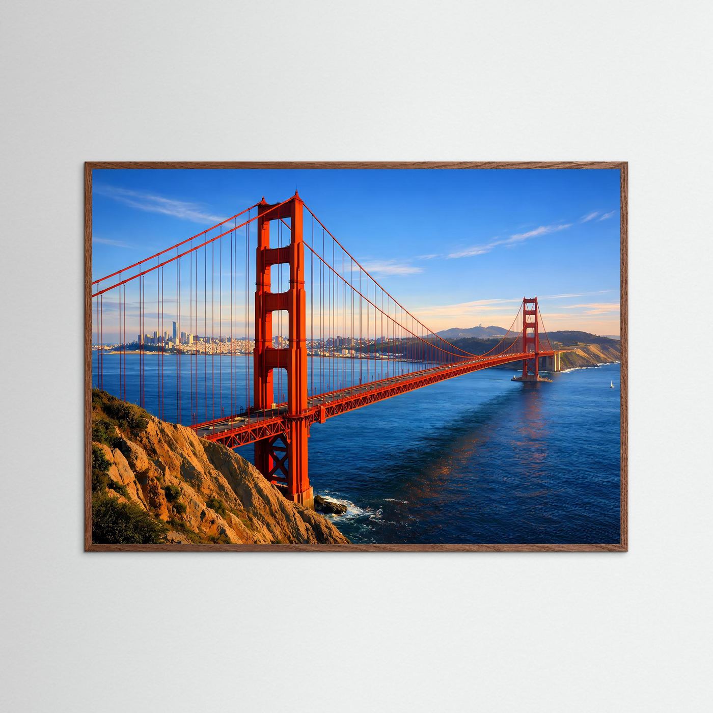 Architekturposter Querformat mit Golden-Gate-Brücke bei San Francisco, rotes Brückenbild, Holzrahmen