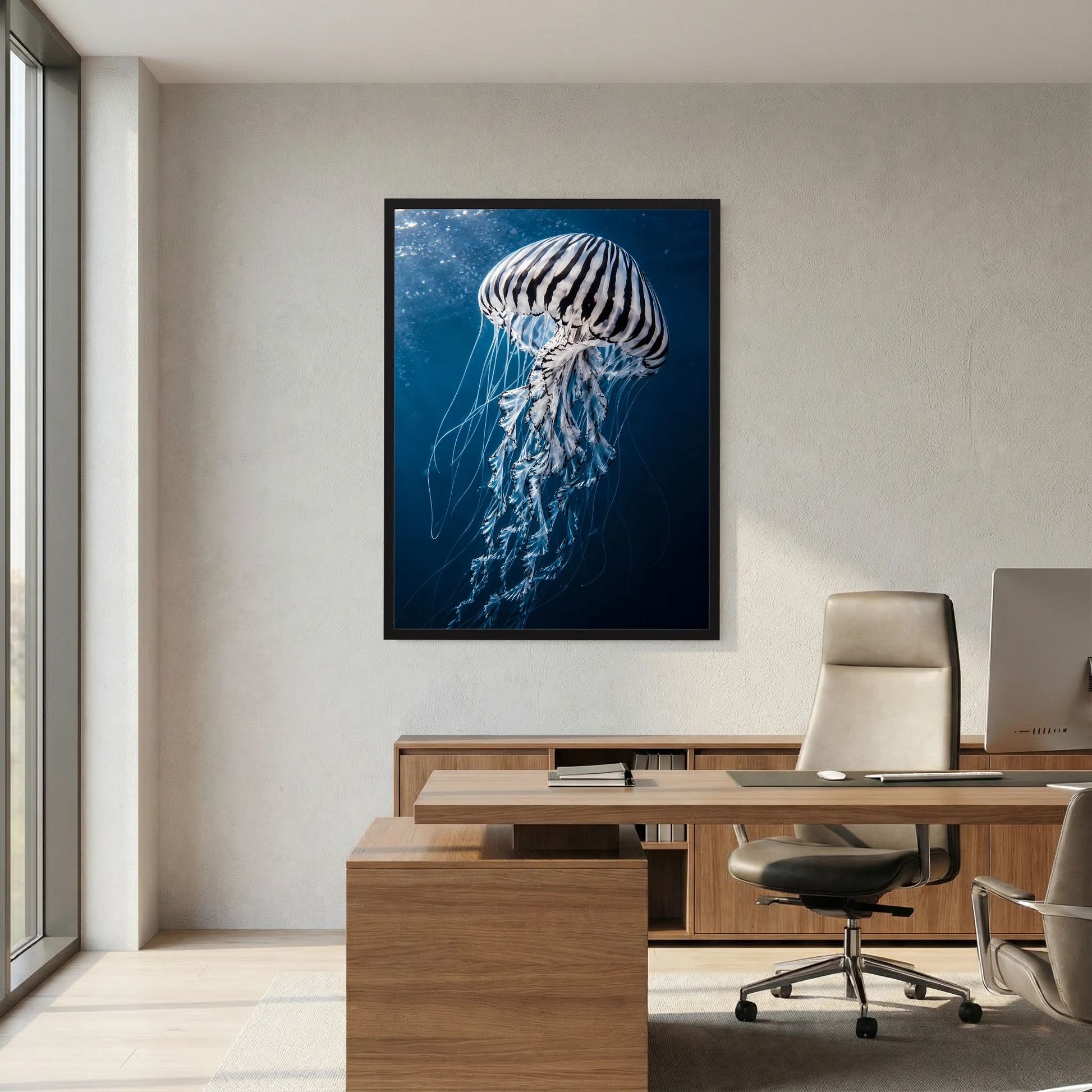 Gerahmtes Poster mit Qualle im Blau, größere Darstellung von Schirm und Kopf