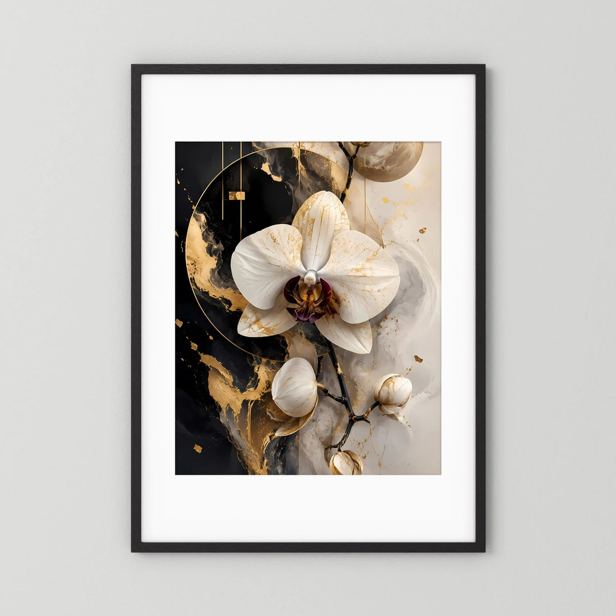 Poster mit weißer Orchidee in Schwarz und Gold, schwarzer Rahmen mit weißem Rand.