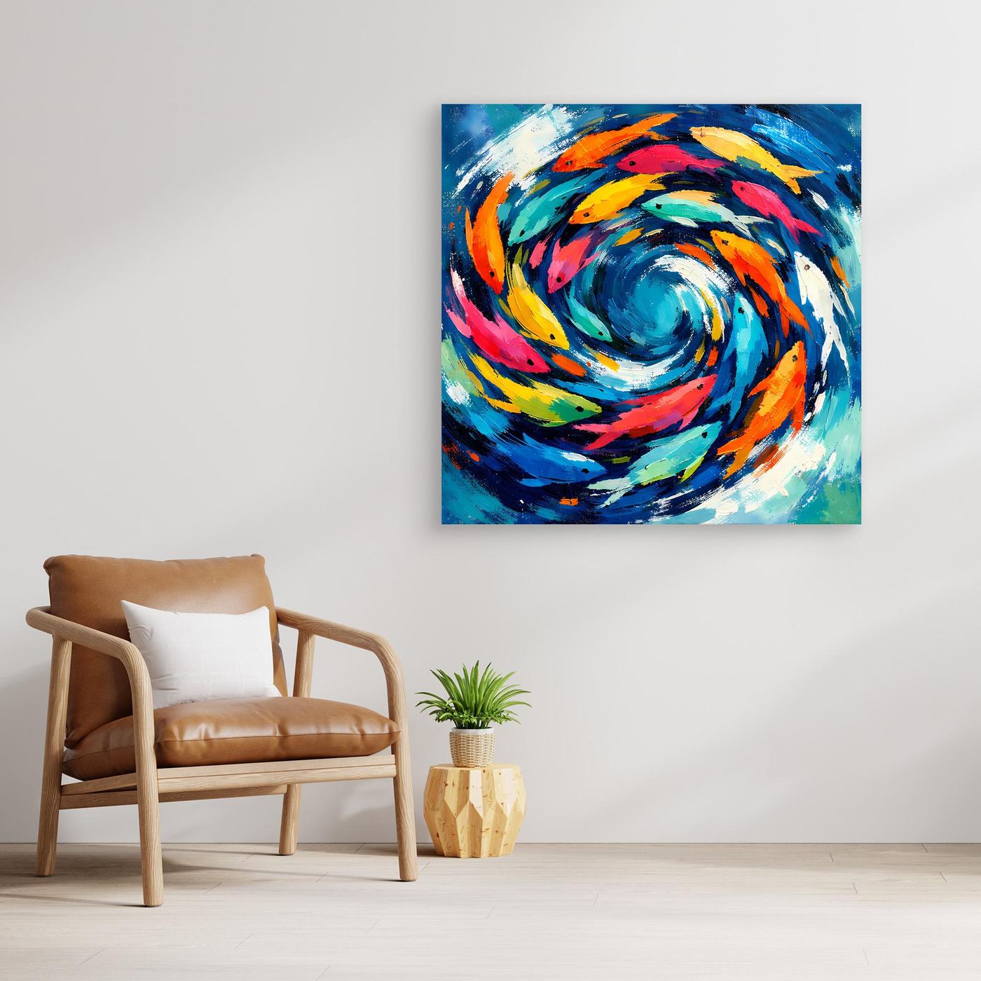 Leinwand Dynamischer Fischschwarm im Strudel | Abstraktes Ozean & Meer Wandbild