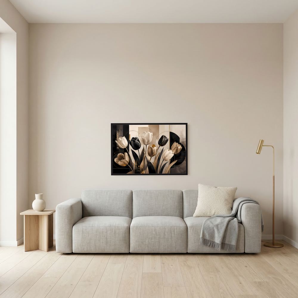 Abstraktes Tulpenposter im Querformat, schwarz-creme mit Goldakzenten, kleiner schwarzer Rahmen