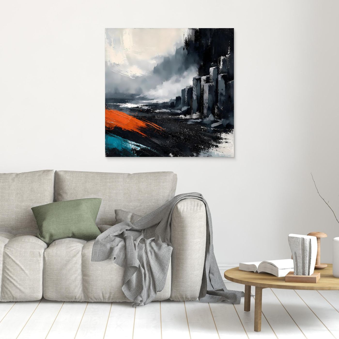 Leinwand Abstraktes Basaltsäulen Gemälde | Modernes Isländisches Vulkan Wandbild Schwarz Orange