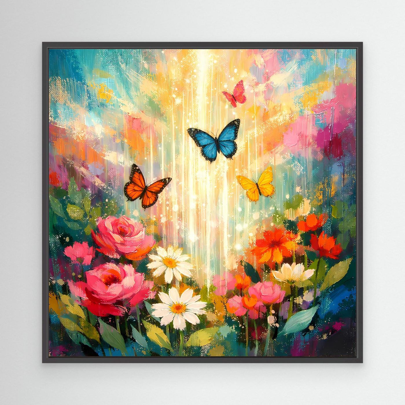 Wandbild mit schwarzem Rahmen: bunte Blumen und Schmetterlinge auf abstraktem Farbfeld
