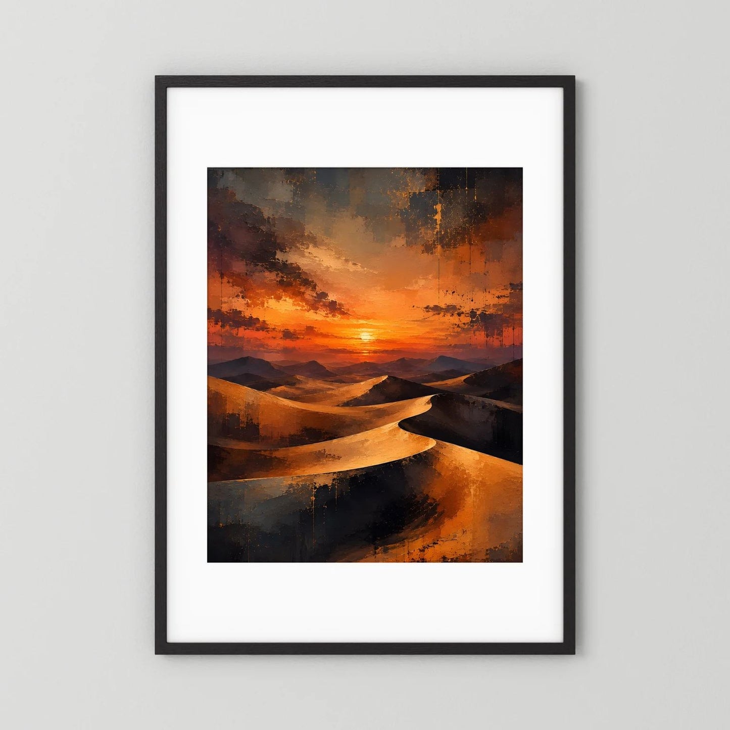 Wandposter mit abstrakten Sanddünen im Sonnenuntergang, schwarzer Rahmen mit weißem Rand