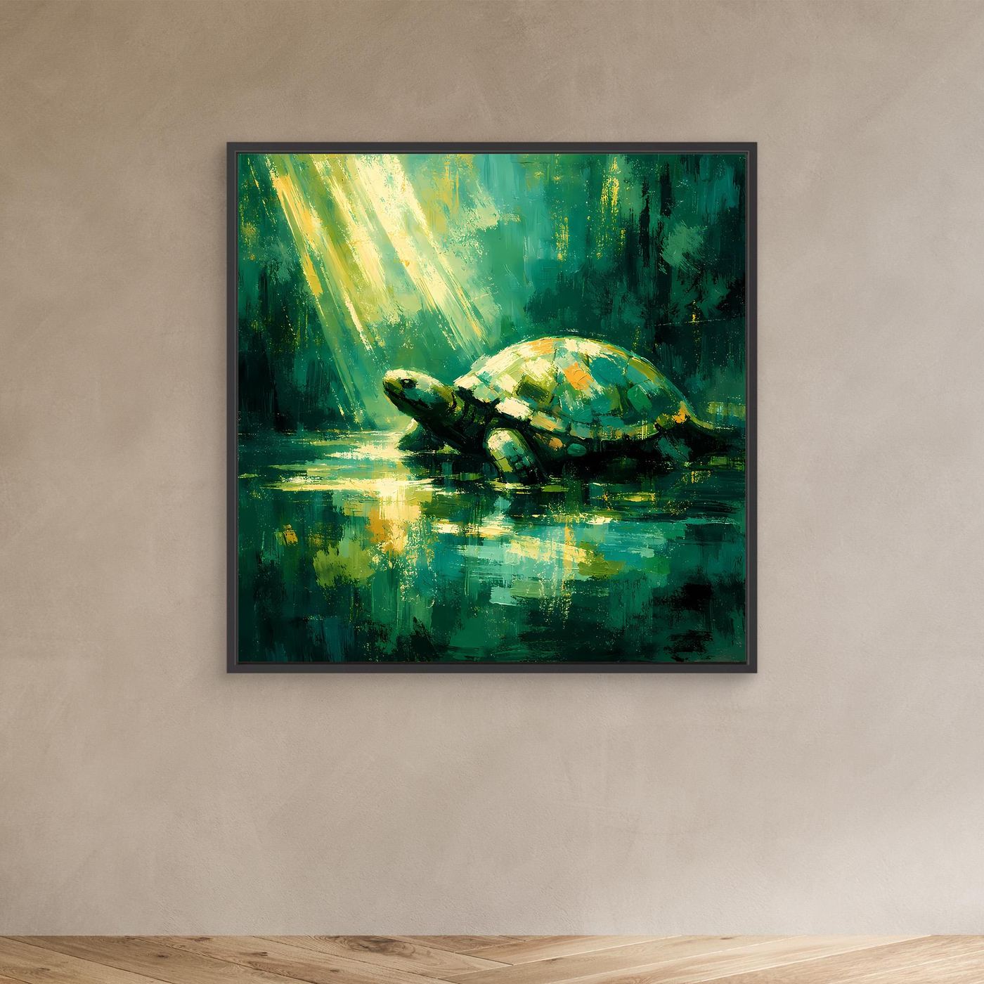 Leinwand Mystische Schildkröte im Lichtstrahl | Abstraktes Natur Wandbild Grün