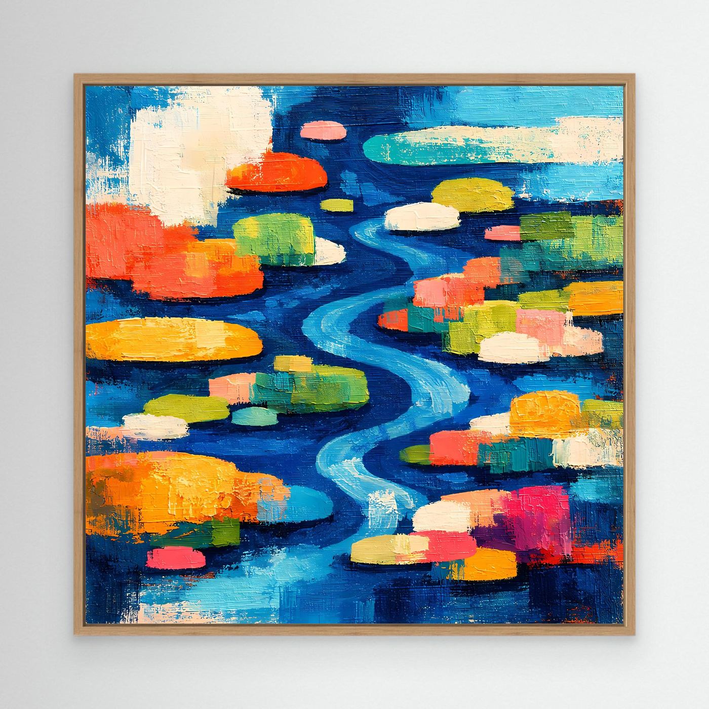Abstraktes Leinwand-Wandbild mit bunten Seerosen und blauem Flusslauf, im Holzrahmen