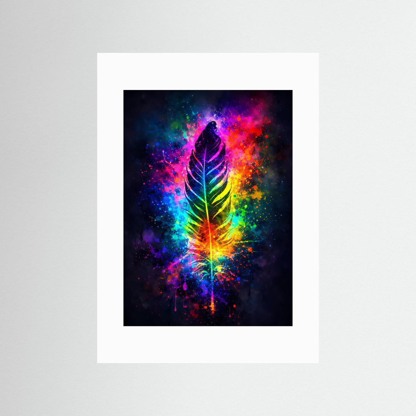 Wandbild mit Regenbogen-Feder im Kosmos, weißer Innenrand