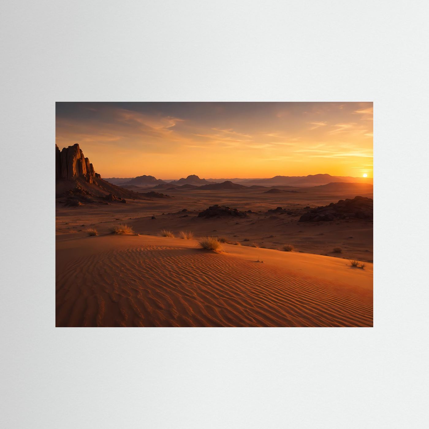 Goldene Wüstenlandschaft bei Sonnenuntergang | Felsen & Sanddünen