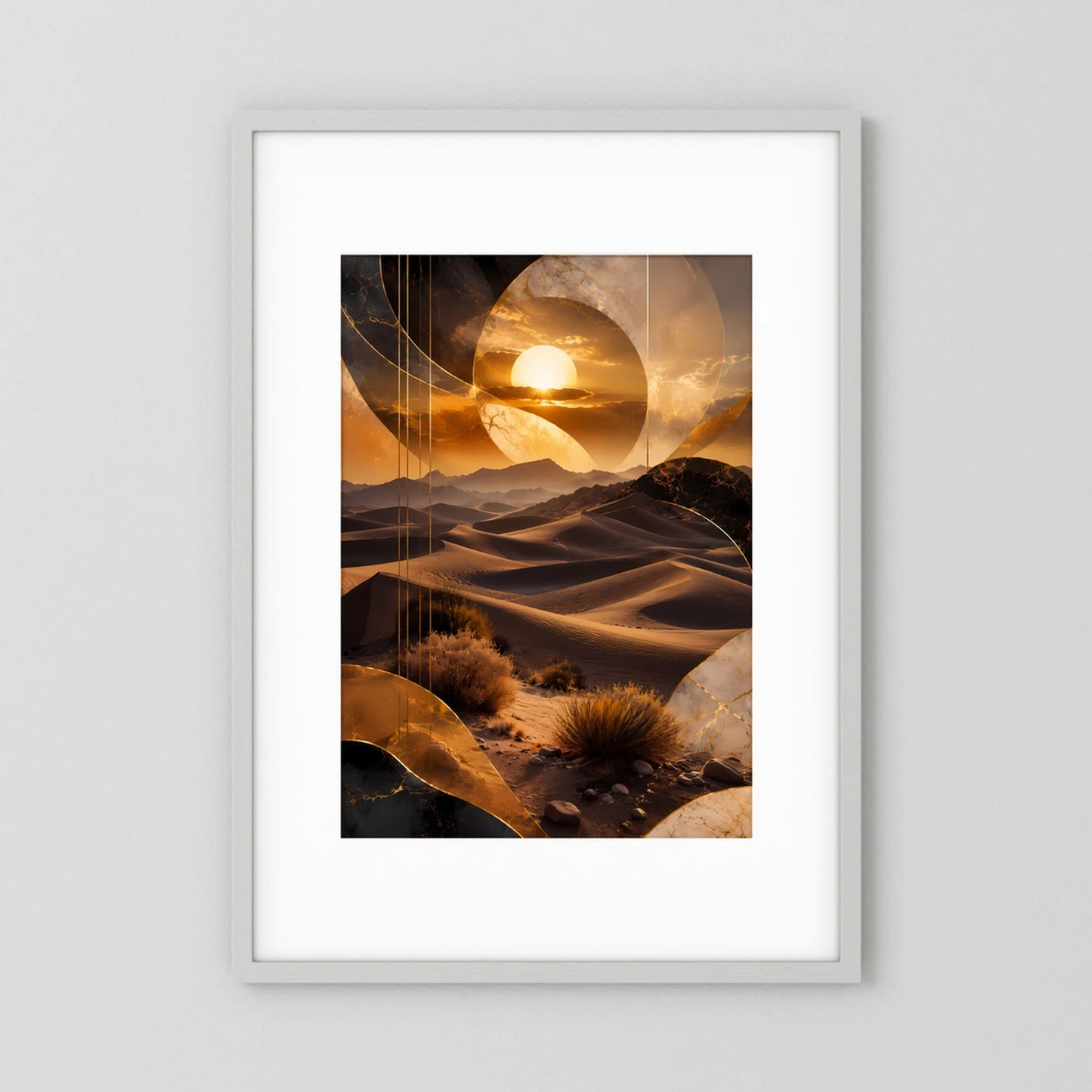 Hochformatiges Poster mit goldener Wüstenlandschaft, rundem Sonnenmotiv und Dünen im Rahmen