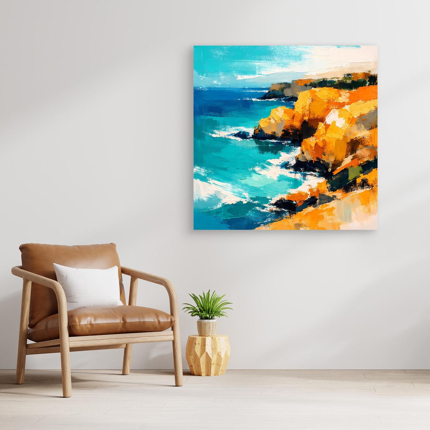 Leinwand Abstraktes Steilküsten Gemälde | Modernes Mediterranes Meeres Wandbild Blau Gelb