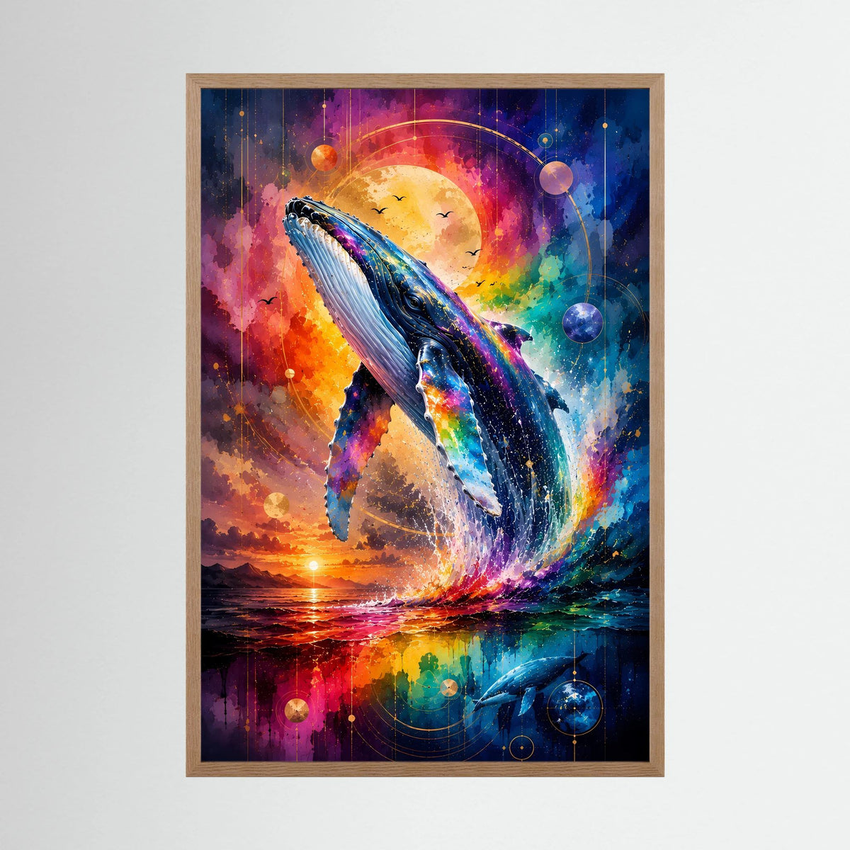 Hochformat-Poster im hellen Holzrahmen mit blauem Wal in Regenbogen-Galaxie
