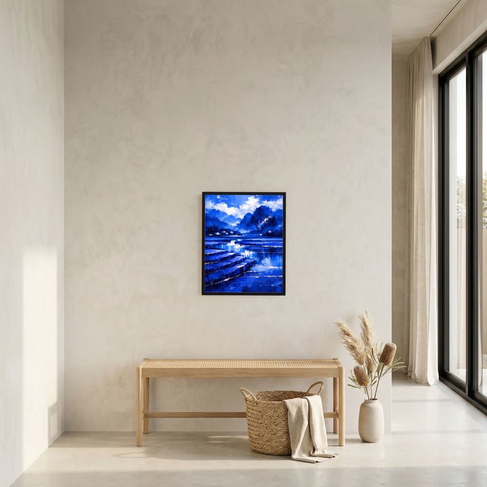 Abstraktes Poster mit blauem Bergsee im dunklen Rahmen an heller Wand