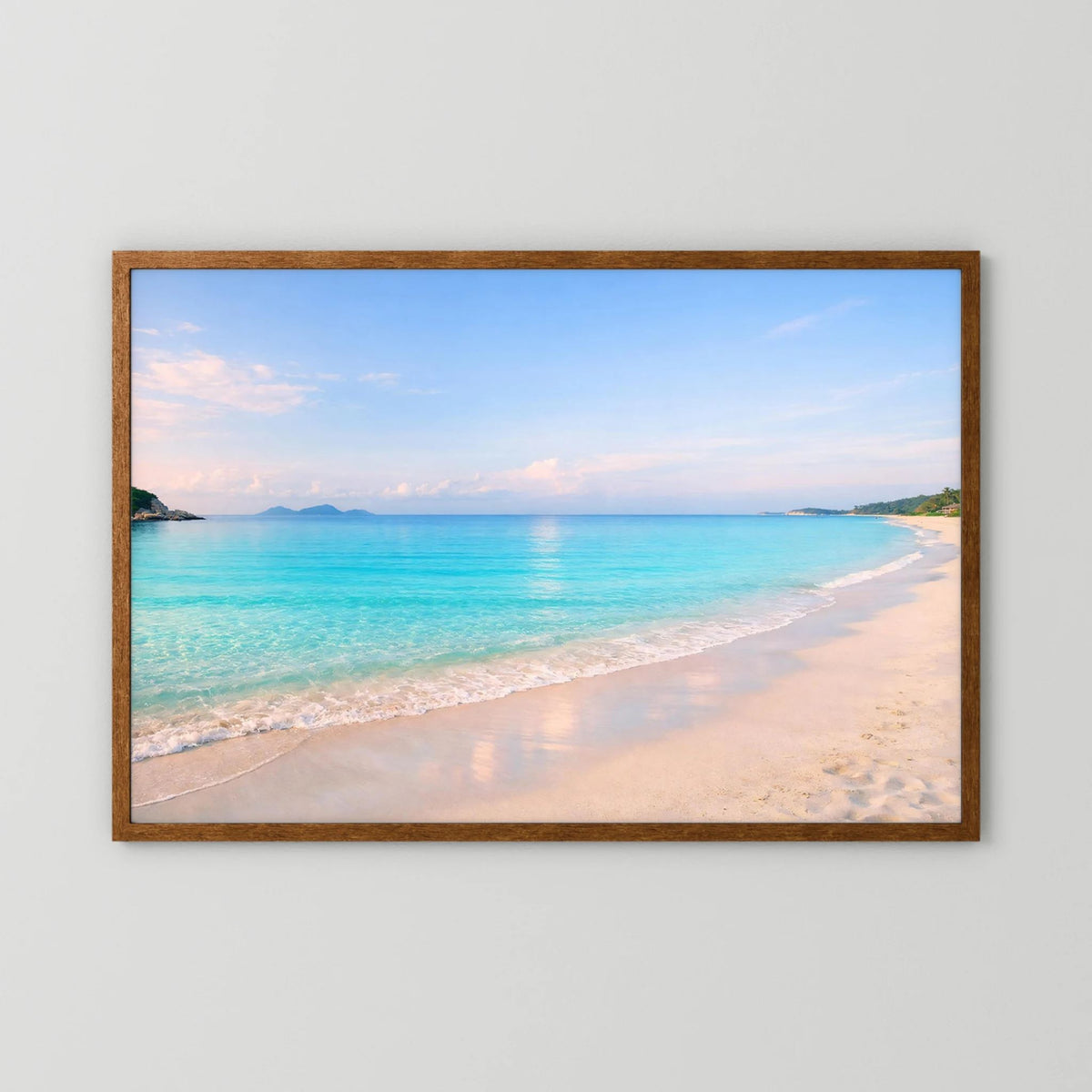 Horizontales Strand-Wandbild mit braunem Holzrahmen