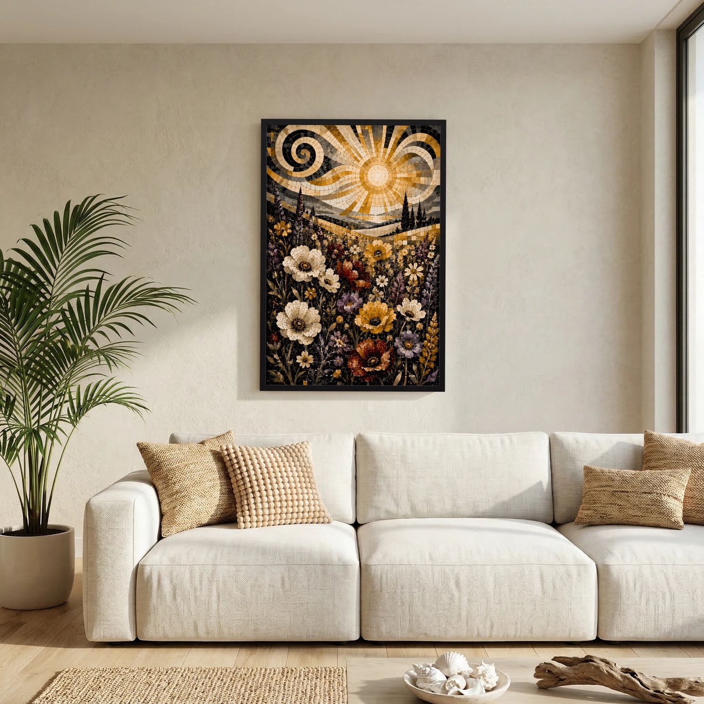 Poster im Hochformat mit floraler Mosaiklandschaft, goldene Sonne, schwarze Umrahmung
