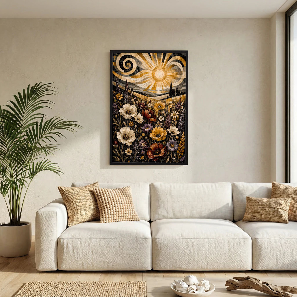 Poster im Hochformat mit floraler Mosaiklandschaft, goldene Sonne, schwarze Umrahmung