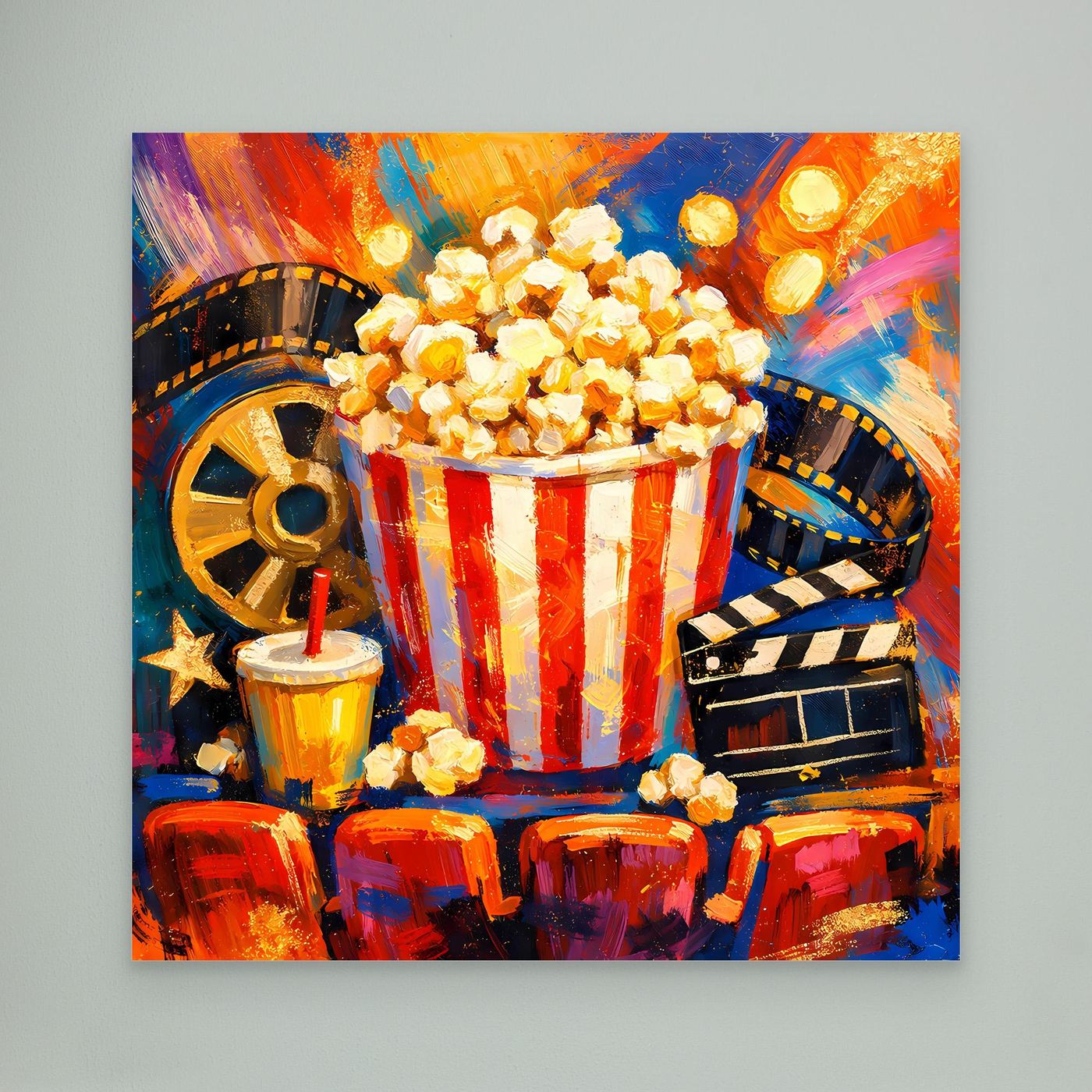 Leinwandbild mit Popcorn im roten gestreiften Becher und Filmstreifen-Details