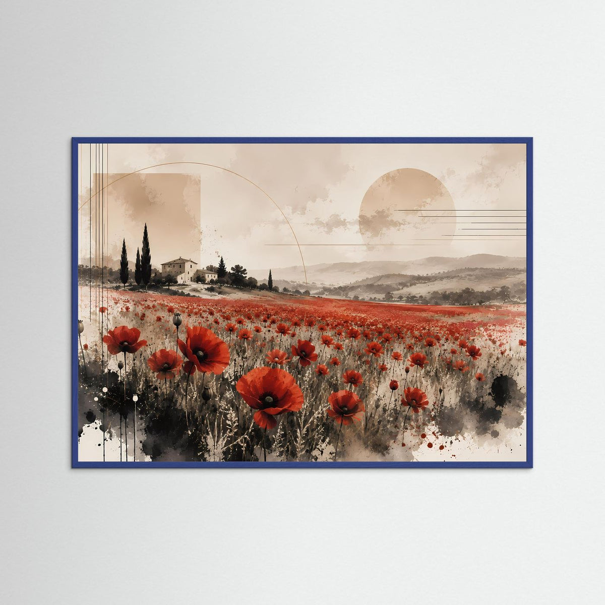 Querformat-Poster mit roten Mohnblumen im Feld, in blauem Rahmen.