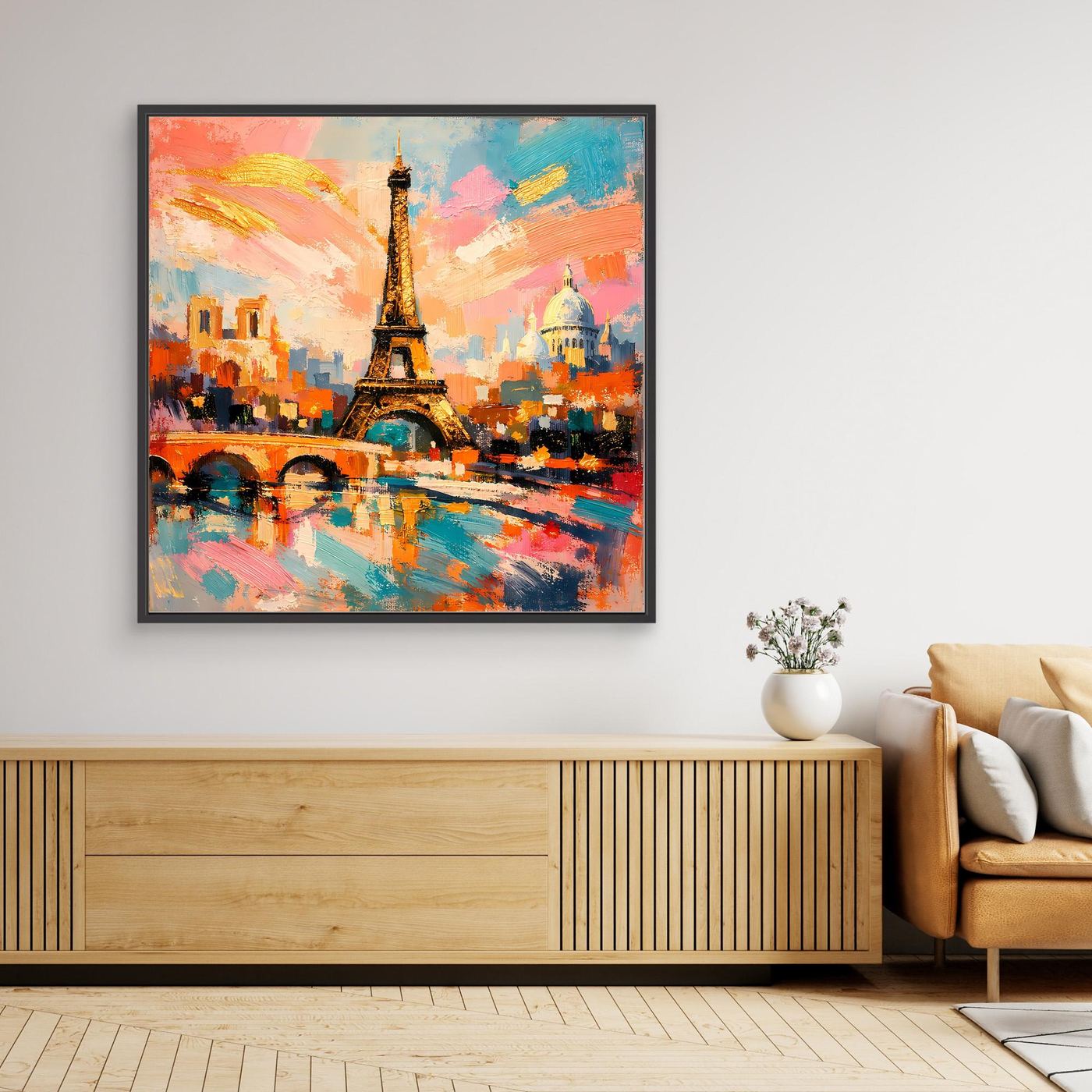 Leinwandbild mit Eiffelturm in buntem Paris-Stil, schwarzer rechteckiger Rahmen