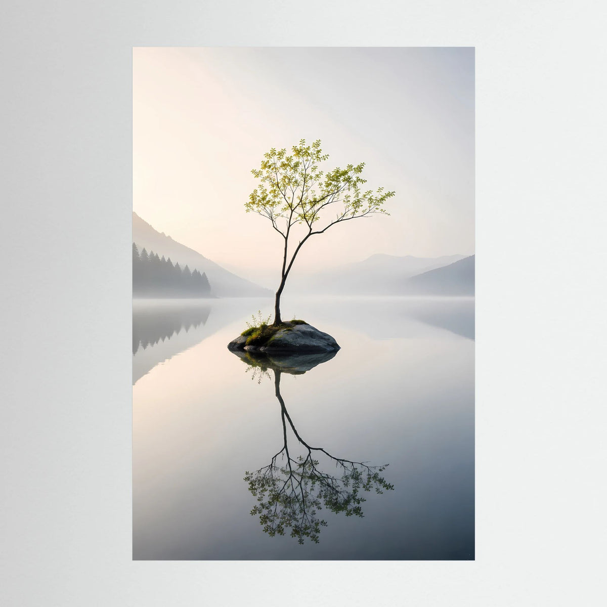 Einsamer Baum im Bergsee | Minimalistische Natur mit Spiegelung | Poster Hochformat