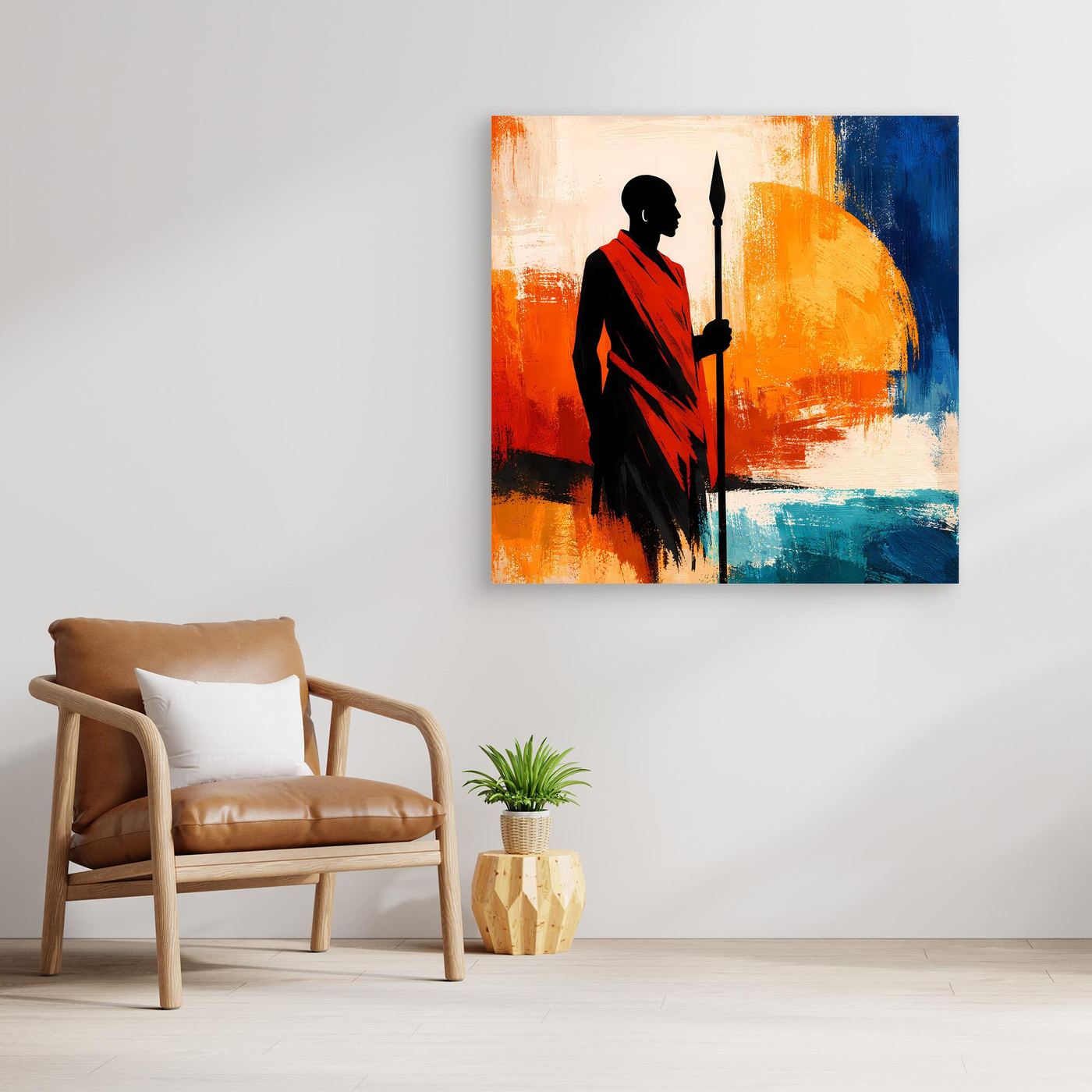 Leinwand Afrikanischer Krieger bei Sonnenuntergang | Modernes Ethno Silhouette Wandbild