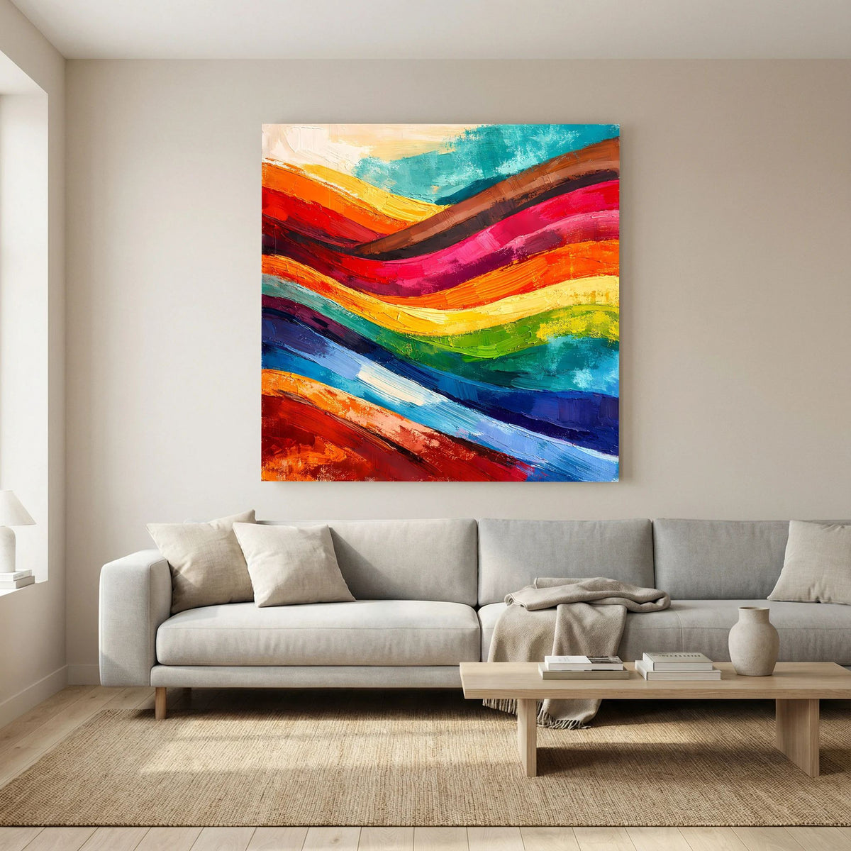 Abstraktes Leinwandbild über dem Sofa: bunte Farbstriche mit Verläufen in Rot, Blau und Grün