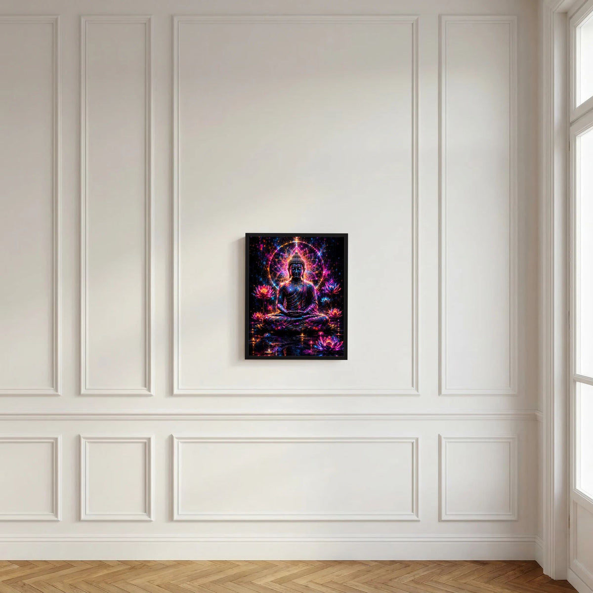 Wandposter mit Buddha-Meditation im Neon-Lotus-Licht, in schwarzem Rahmen