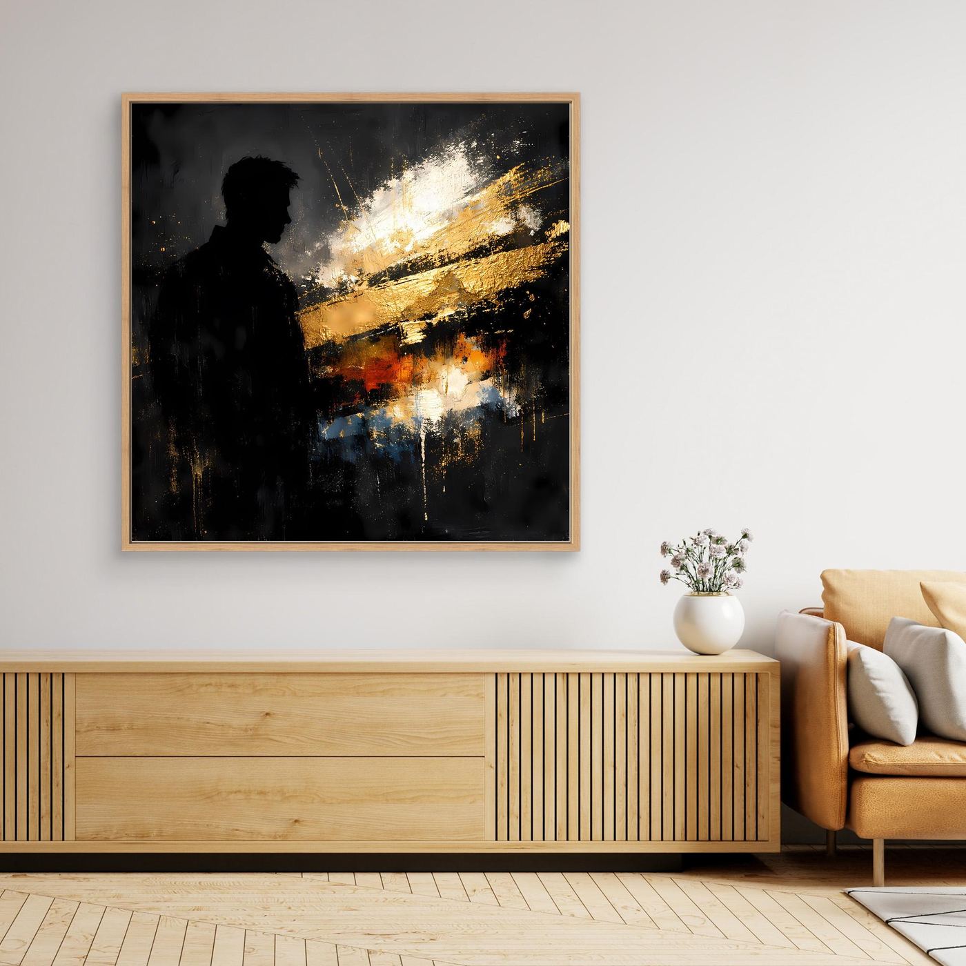 Leinwand Markante Silhouette in Gold und Schwarz | Modernes Abstraktes Männer Portrait Wandbild