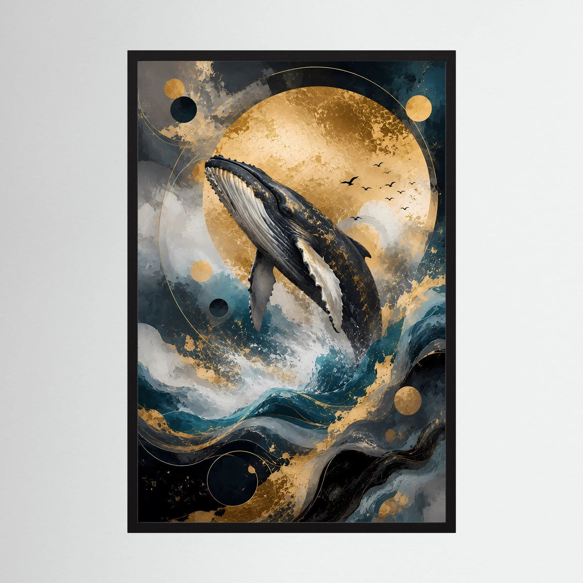 Buckelwal-Kunstposter im Hochformat mit schwarzem Rahmen, Mond über blauen Wellen