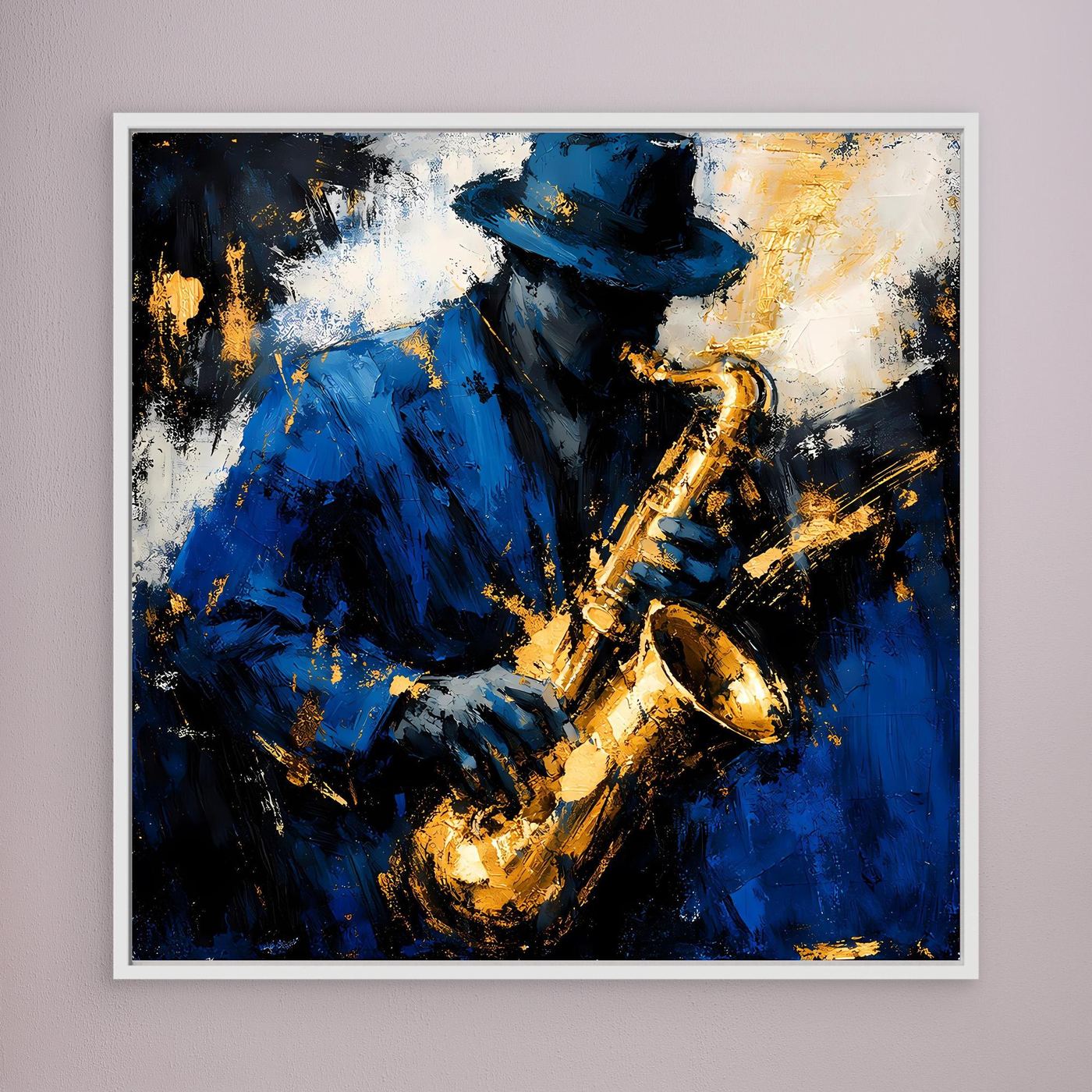Leinwand Eleganter Jazz-Saxophonist in Blau und Gold | Abstraktes Musik Wandbild
