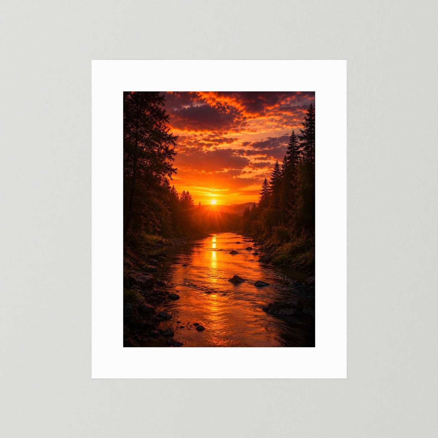 Hochformatiges Sonnenuntergang-Poster mit Fluss im Wald, ohne Rahmen, mit weißem Rand