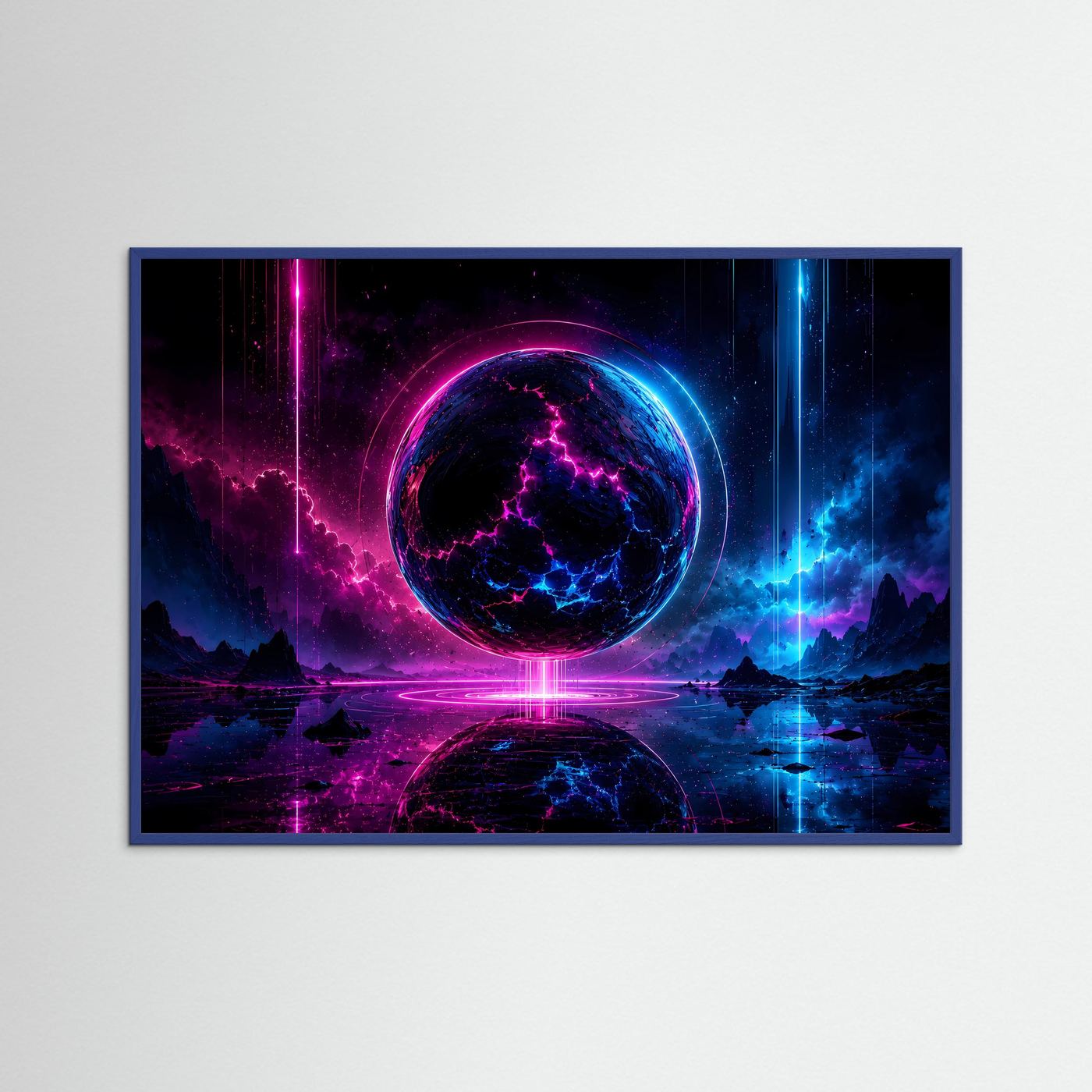 Neon Sphäre Poster Querformat | Futuristische Kosmische Wandkunst in Pink & Blau | Sci-Fi Wandbild Modern