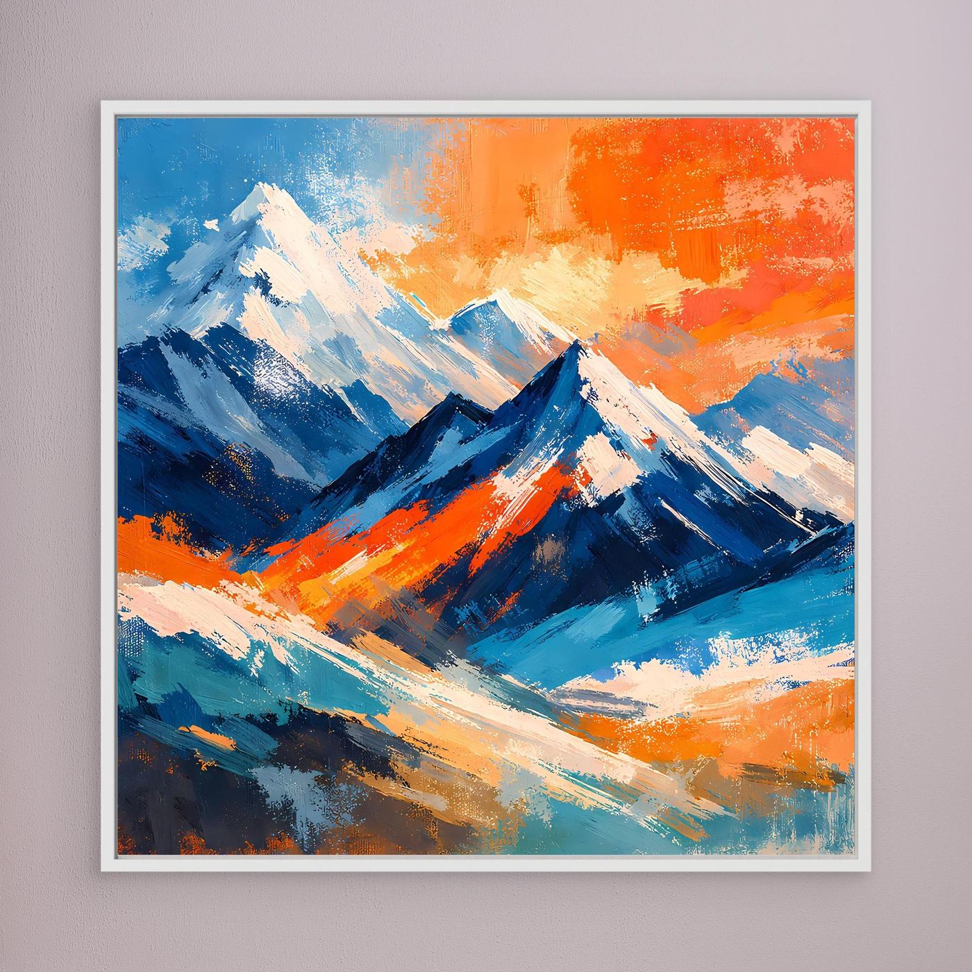 Abstraktes Leinwandbild mit bunten Bergen, Weißer Rahmen, orangefarbener Himmelverlauf