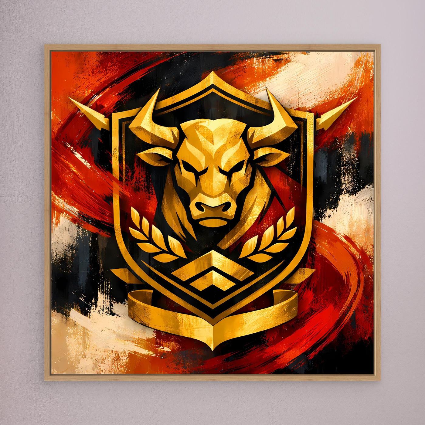 Leinwandbild: goldener Stierkopf im Wappenschild mit Lorbeer, Rot/Schwarz, beige-braun gerahmt