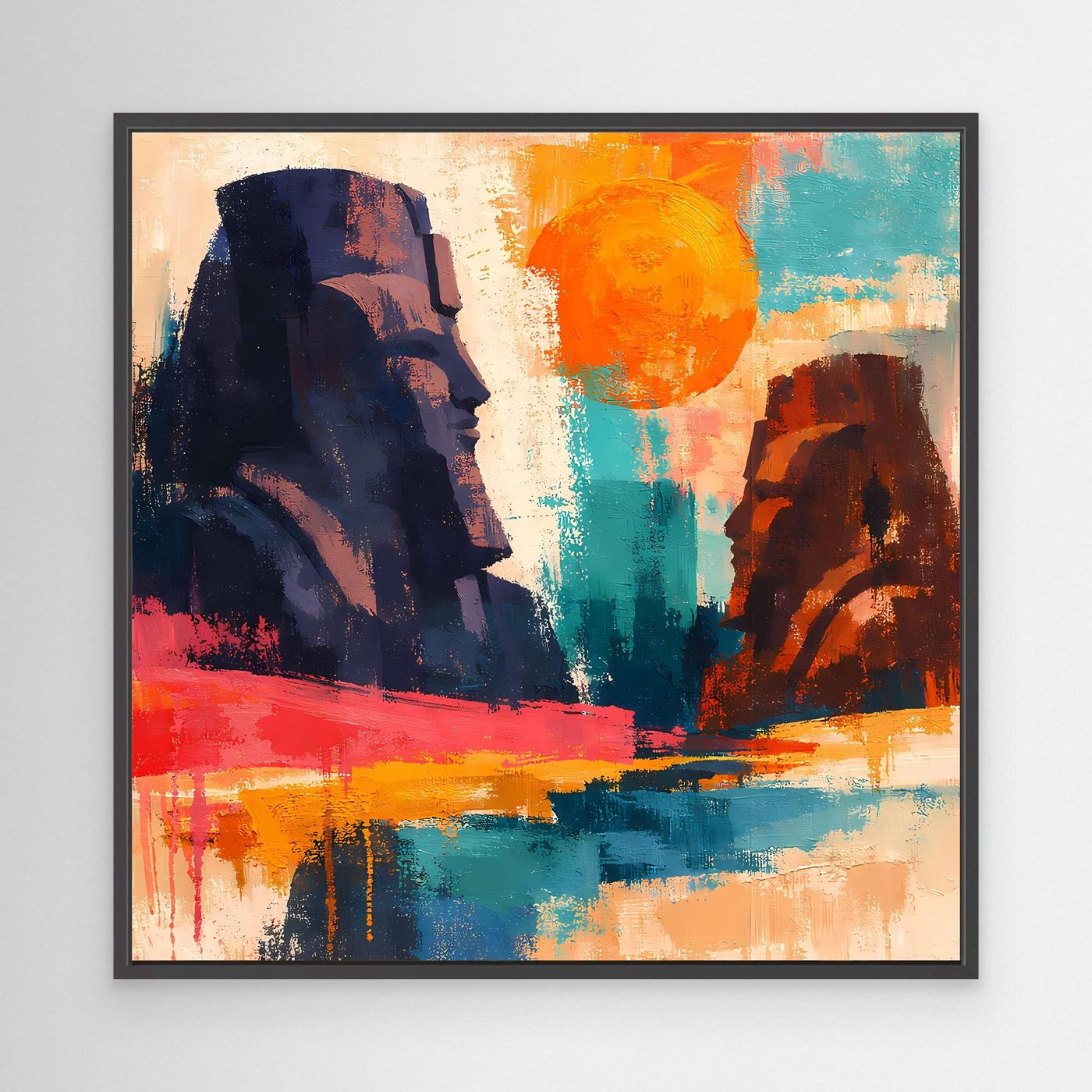 Leinwandbild mit schwarzem Rahmen: abstrakte Pharaonenstatuen in Blau, Orange und Rot.