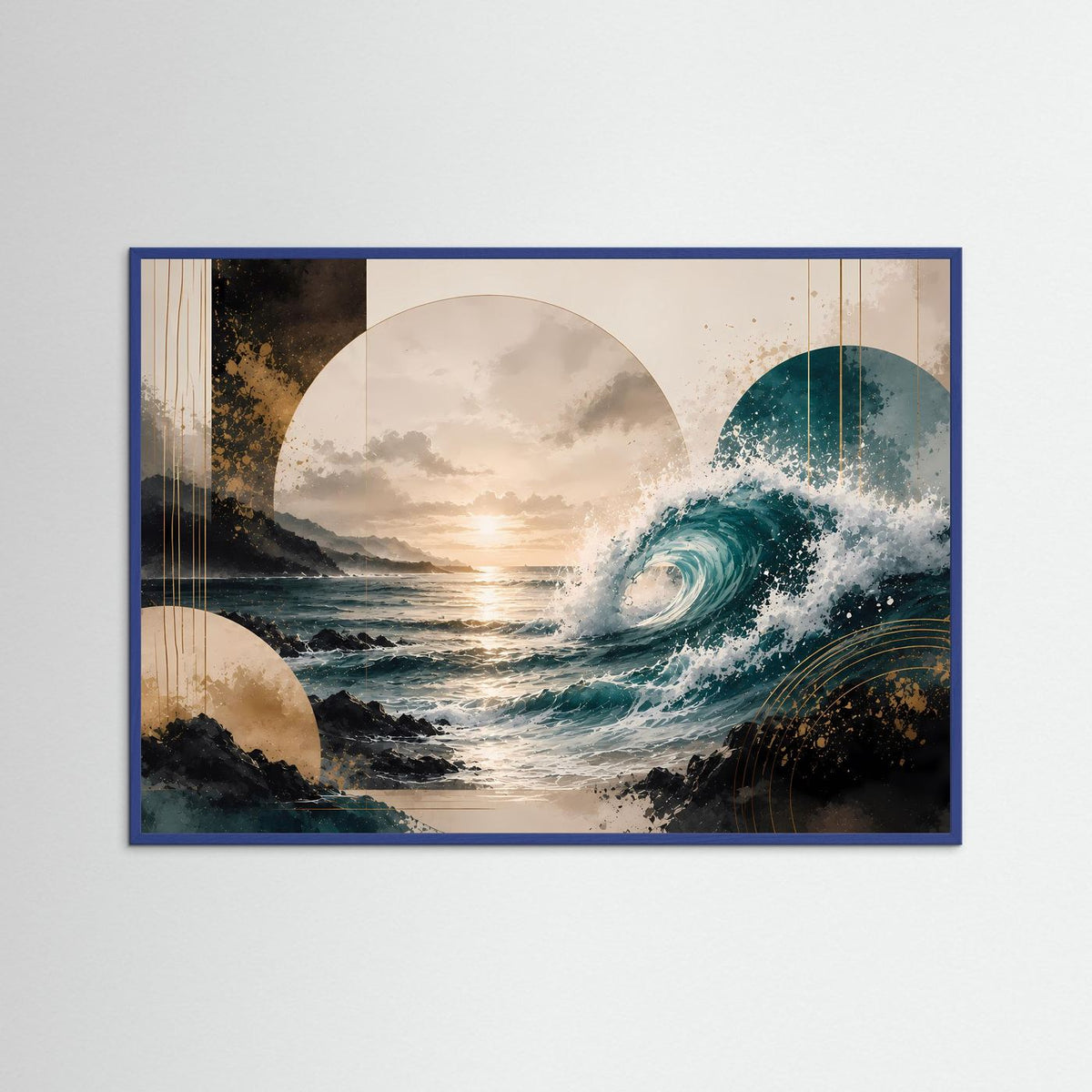 Querformat-Poster mit abstrakter Meereswelle in Petrol, Beige und Gold und blauem Holzrahmen