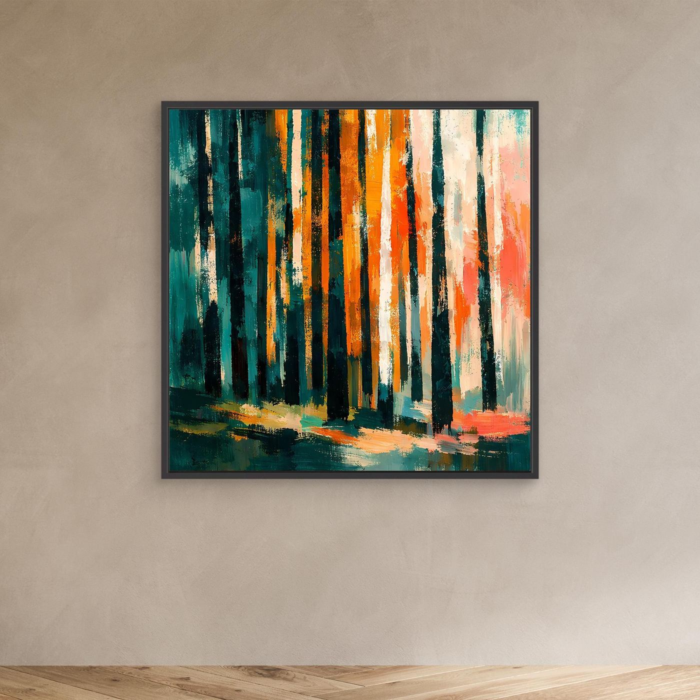 Abstraktes Birkenwald-Wandbild mit dunklem Rahmen, bunte Baumstämme, Herbstfarben